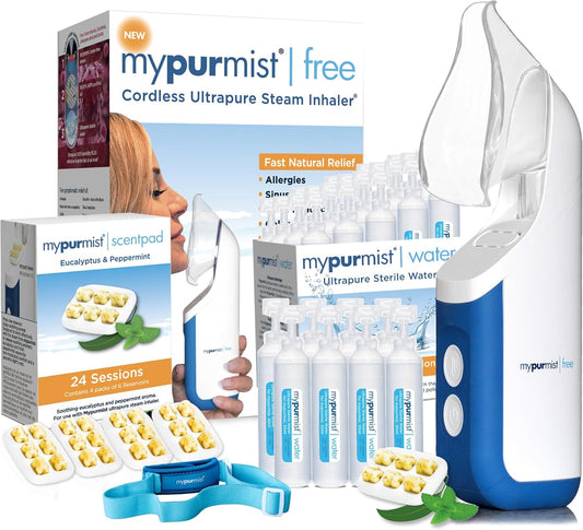 Mypurmist Free Premium Kit – Cordless Ultrapure Steam Inhaler with Water Refills, ScentPad, and Handsfree Strap – Personal Steamer Vaporizer Humidifier for Sinus Relief, Nasal Congestion, Cold