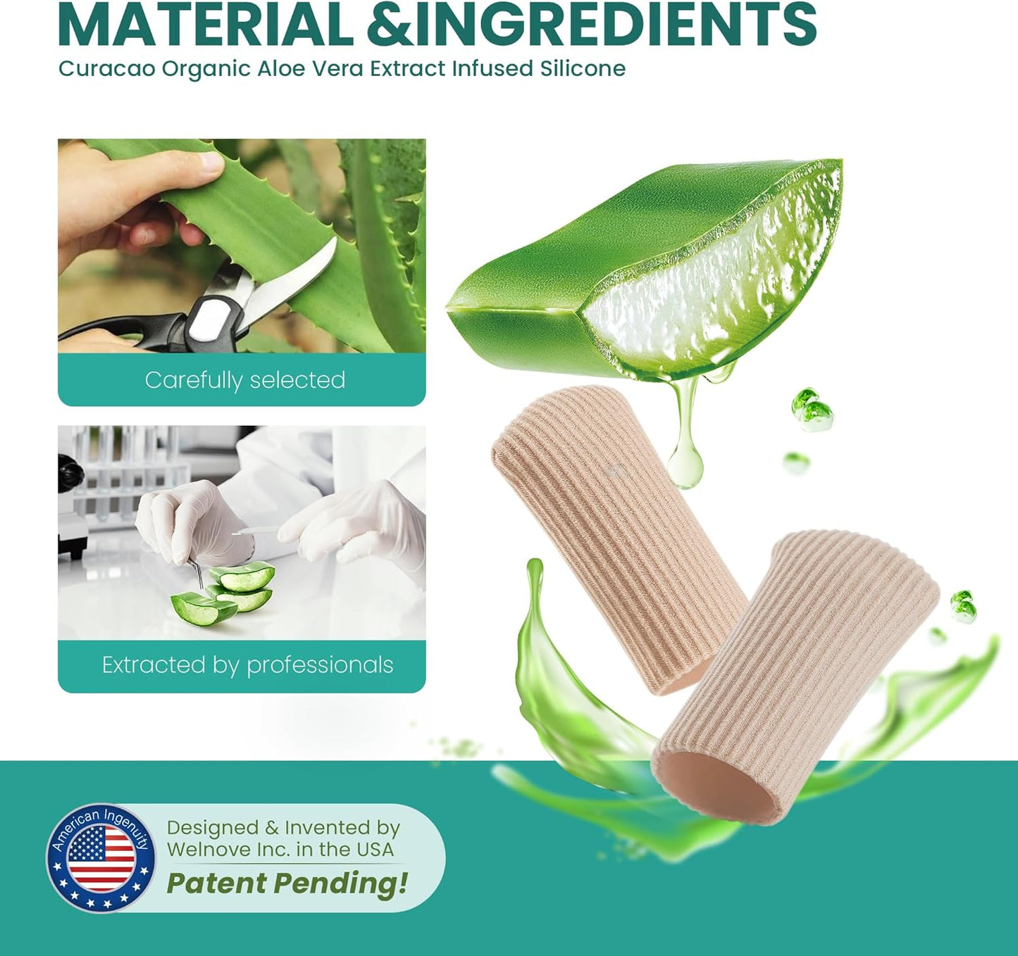 Welnove Toe Caps and Protectors - 16 Pack Aloe Vera Extract Infused Silicone Toe Sleeve - Fabric Toe Covers with Gel Lining - Toe Cushions for Pain Relief, Corns, Blisters & Ingrown Toenails