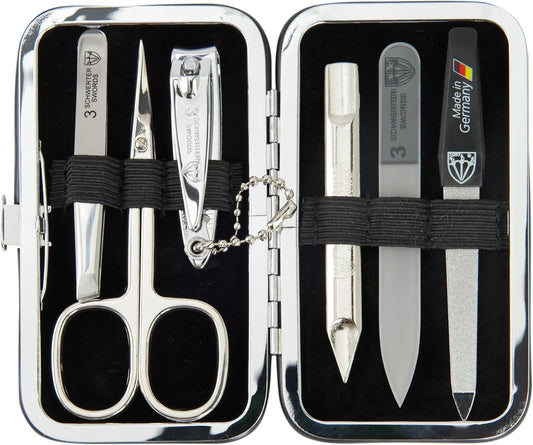 3 Swords Germany - Brand Quality 6 Piece Manicure Pedicure Grooming kit Set - Scissors, Metal and Glass Nail File, Clipper, Tweezers with Synthetic Leather case - Brown II