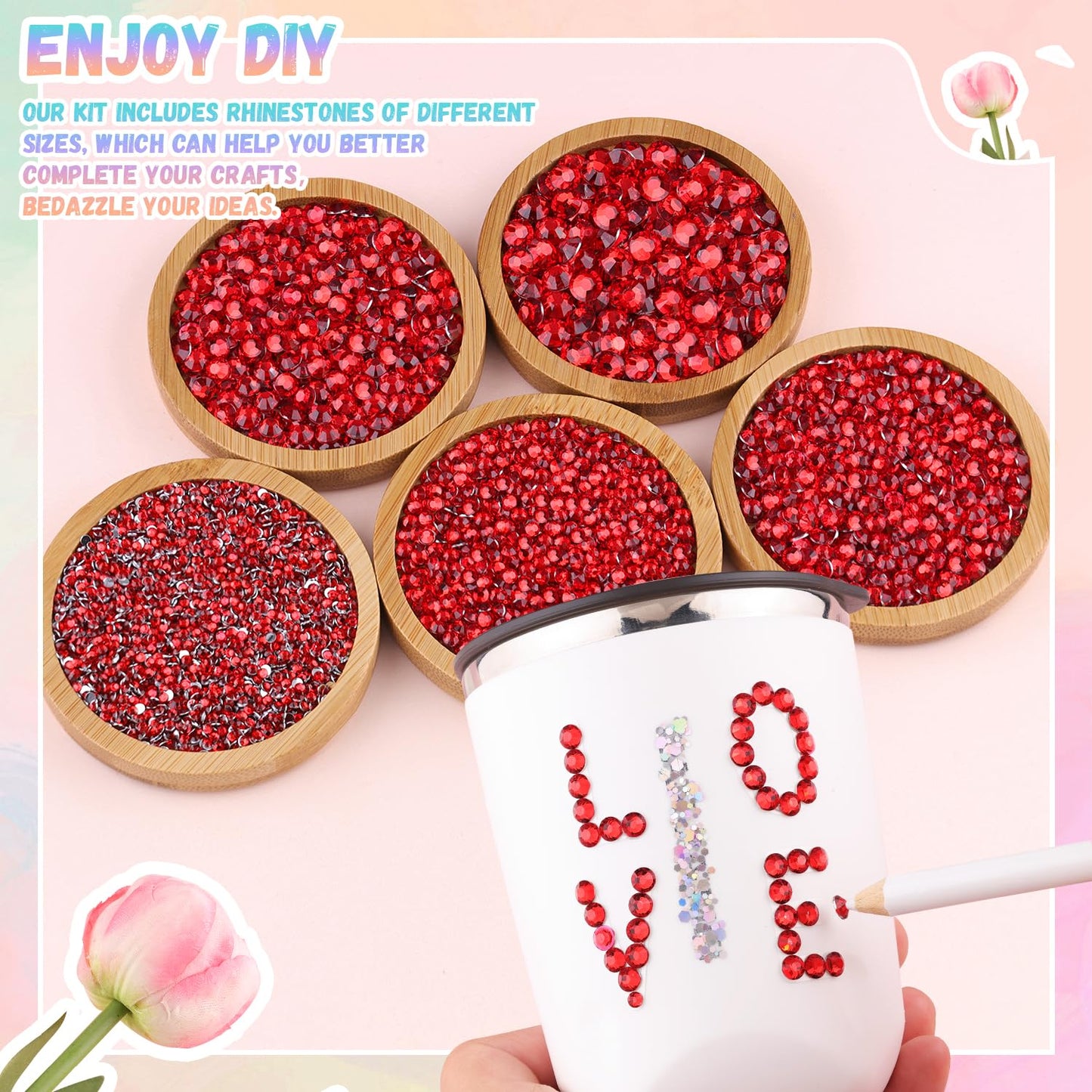 30000Pcs Resin Red Rhinestones with B7000 Jewelry Glue for Crafting, 2-6mm Non Hotfix Flatback Gems, Bedazzling Crystal for DIY Crafts Clothing Tumblers Mugs Shoes Fabric Decor Nail Art