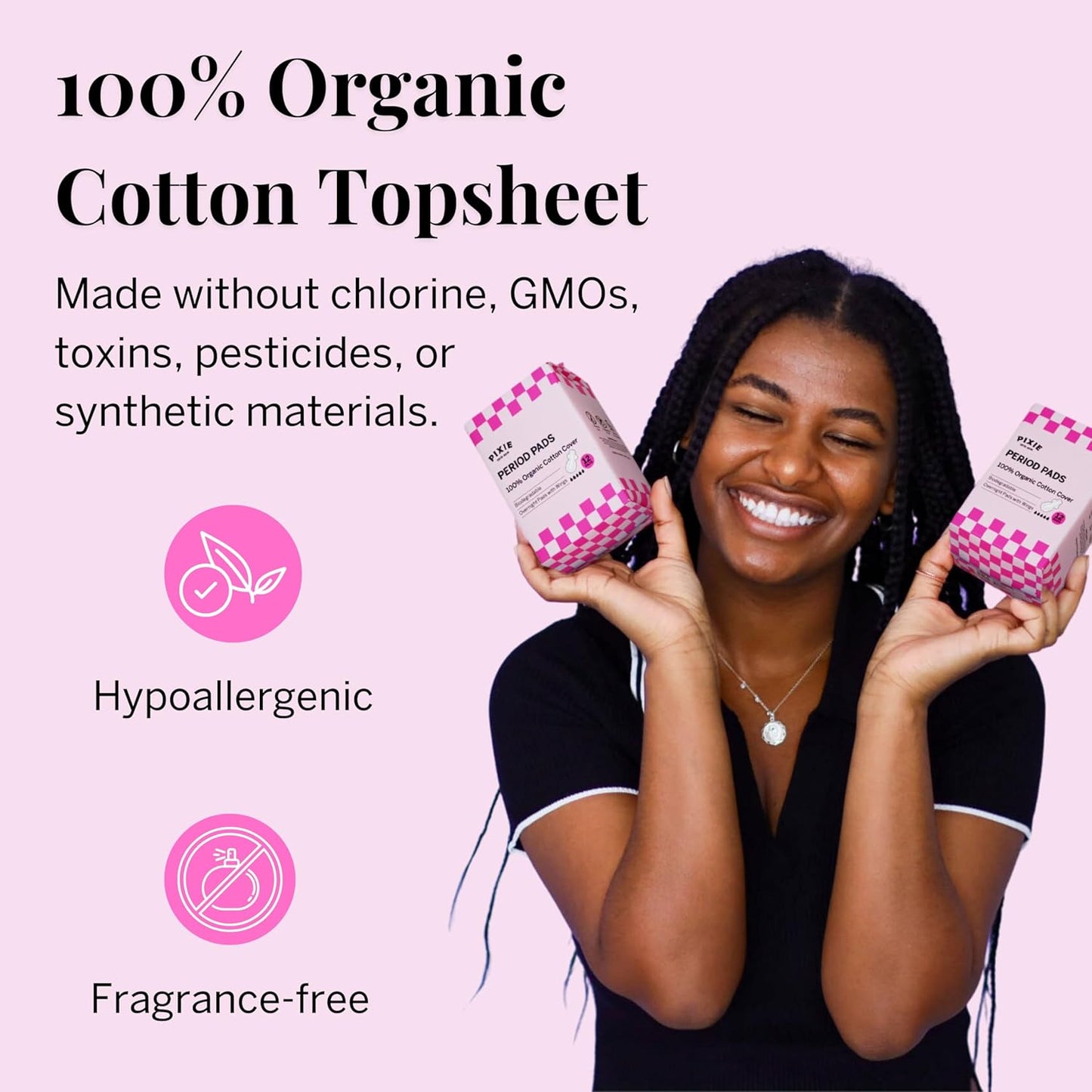 Pixie Organic Cotton Overnight Pads for Women - Extra Heavy Absorbency with Wings - Leak-Proof, Hypoallergenic & Unscented - Compostable, Biodegradable - 36 Count