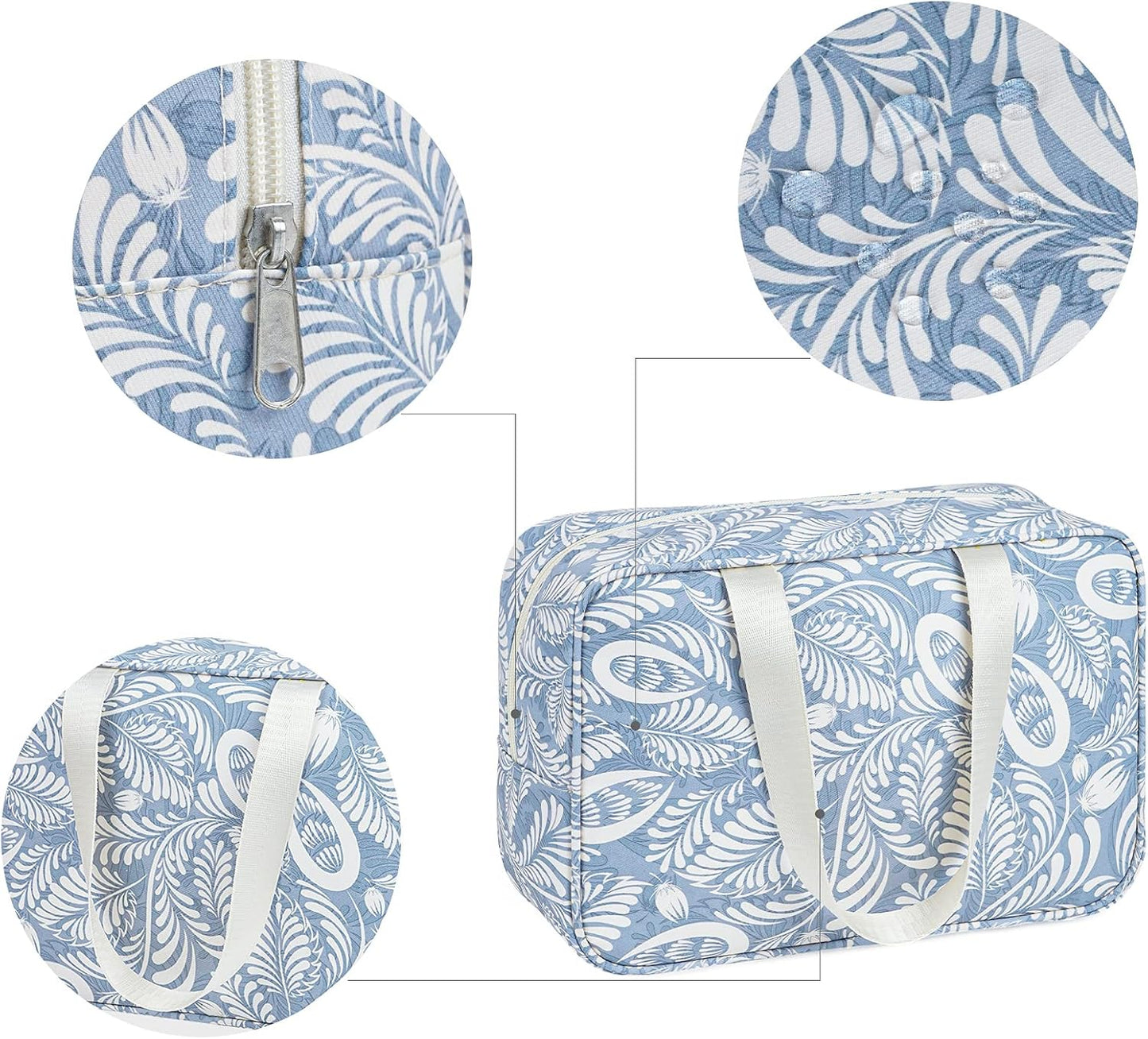 Full Size Toiletry Bag Women Large Cosmetic Bag Travel Makeup Bag Organizer Medicine Bag for Toiletries Essentials Accessories (Large, Blue Leaf)