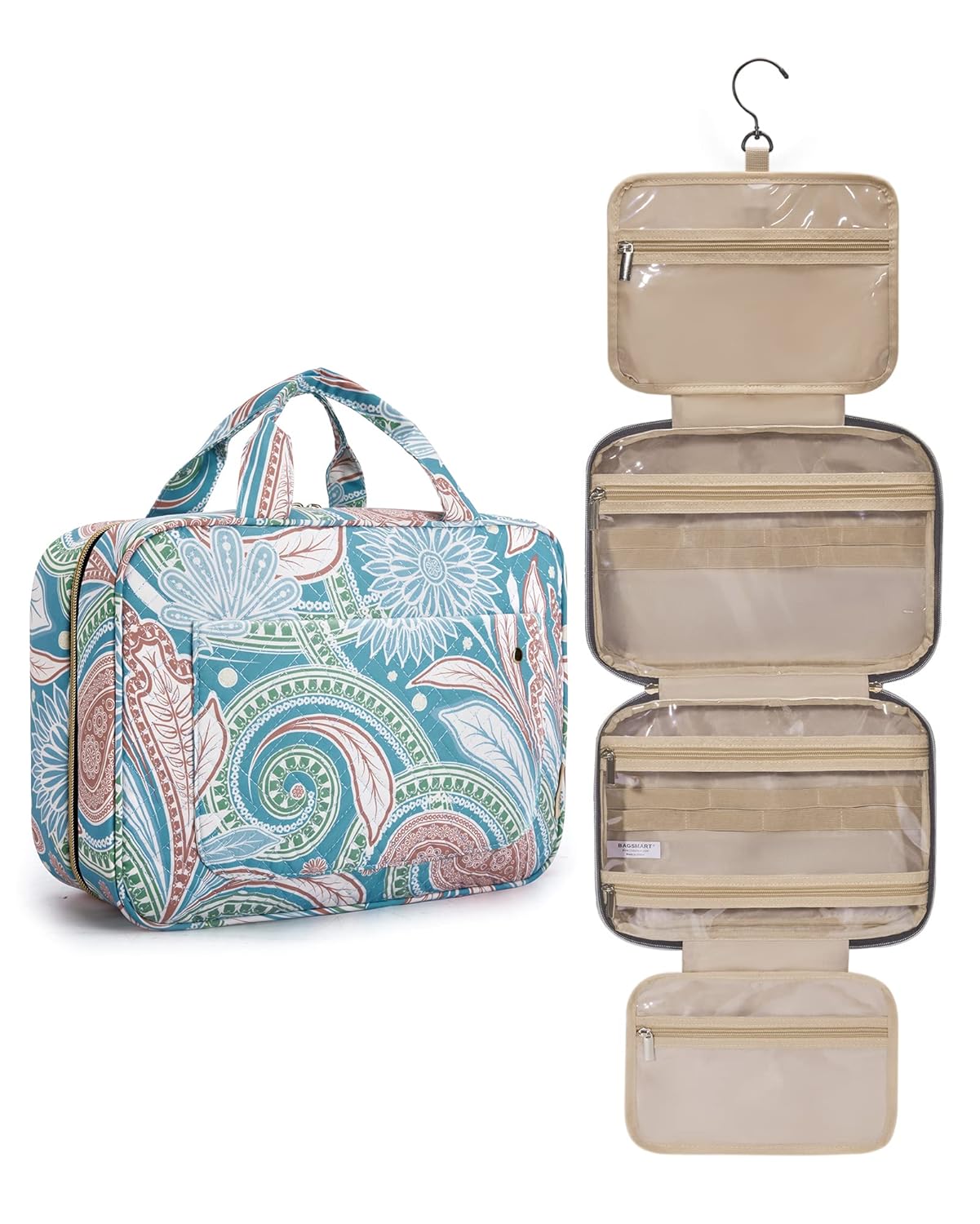 BAGSMART Toiletry Bag Travel Bag with Hanging Hook, Water-resistant Makeup Cosmetic Bag Travel Organizer for Accessories, Shampoo, Full Sized Container, Toiletries (Green Paisley, Large)