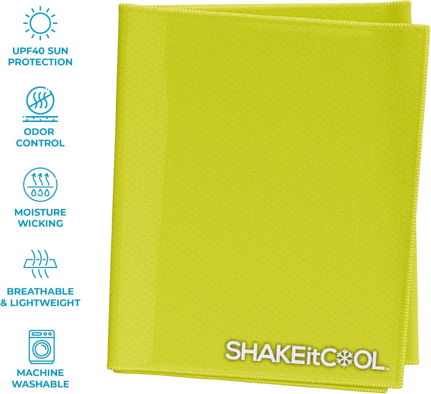 SHAKEitCOOL Extended Size Cooling Towel – Be Cool in Style - Heat Relief, Soft, Lightweight, Sun Protection, Easy Clean - Perfect for Biking, Hiking, Running, Yoga, Golf, Gardening - Safety Yellow M