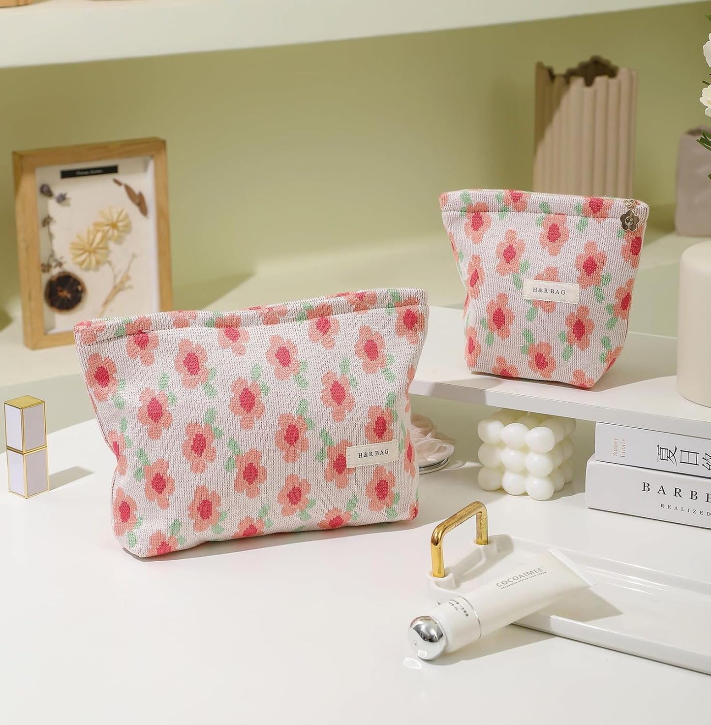 2 Pcs Makeup Bags, Large Cosmetic Bag Travel Toiletry Bag Organizer for Women, Embroidery Craft, Floral Makeup Bag Small Cosmetic Pouch Purse with Zipper Gifts for Girls Teen