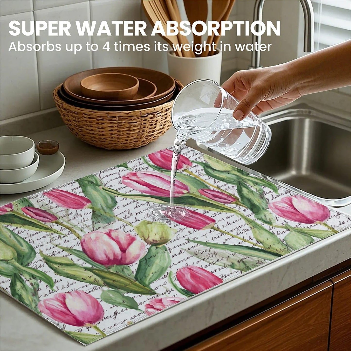 Dish Drying Mat For Kitchen Counter, Pink Tulip Flowers Text Microfiber Absorbent Dish Drainer Rack Pad Reusable Large 18x24in Drying Mat
