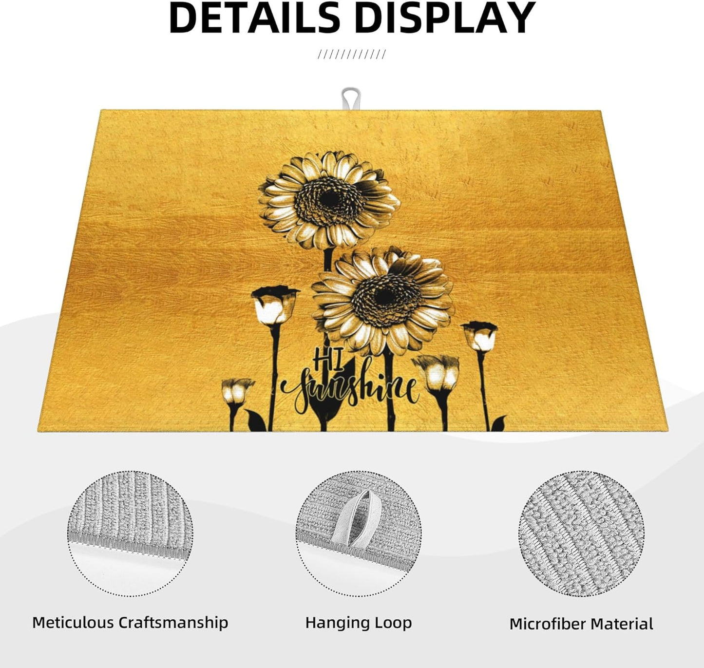 Sunflower Microfiber Dish Drying Mat for Kitchen Counter 18"x24" Black Gold Dishes Pad Dish Drainer Rack Mats Absorbent Washable Reusable