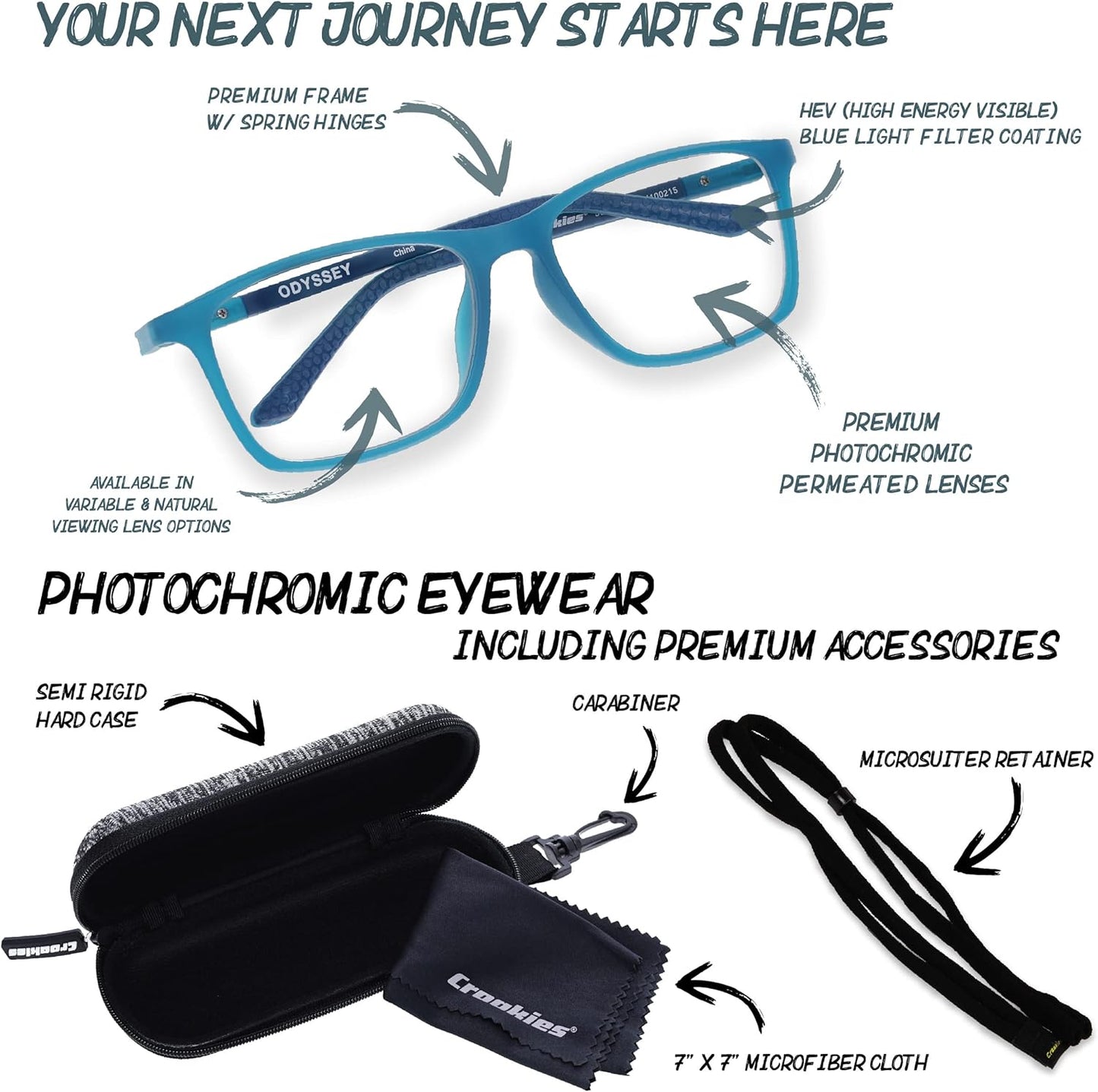 Croakies Odyssey Photochromic Progressive Eyewear | UV400 Sunglass for Outdoor | Bluelight Eyeglass for HEV Devices | Bundle