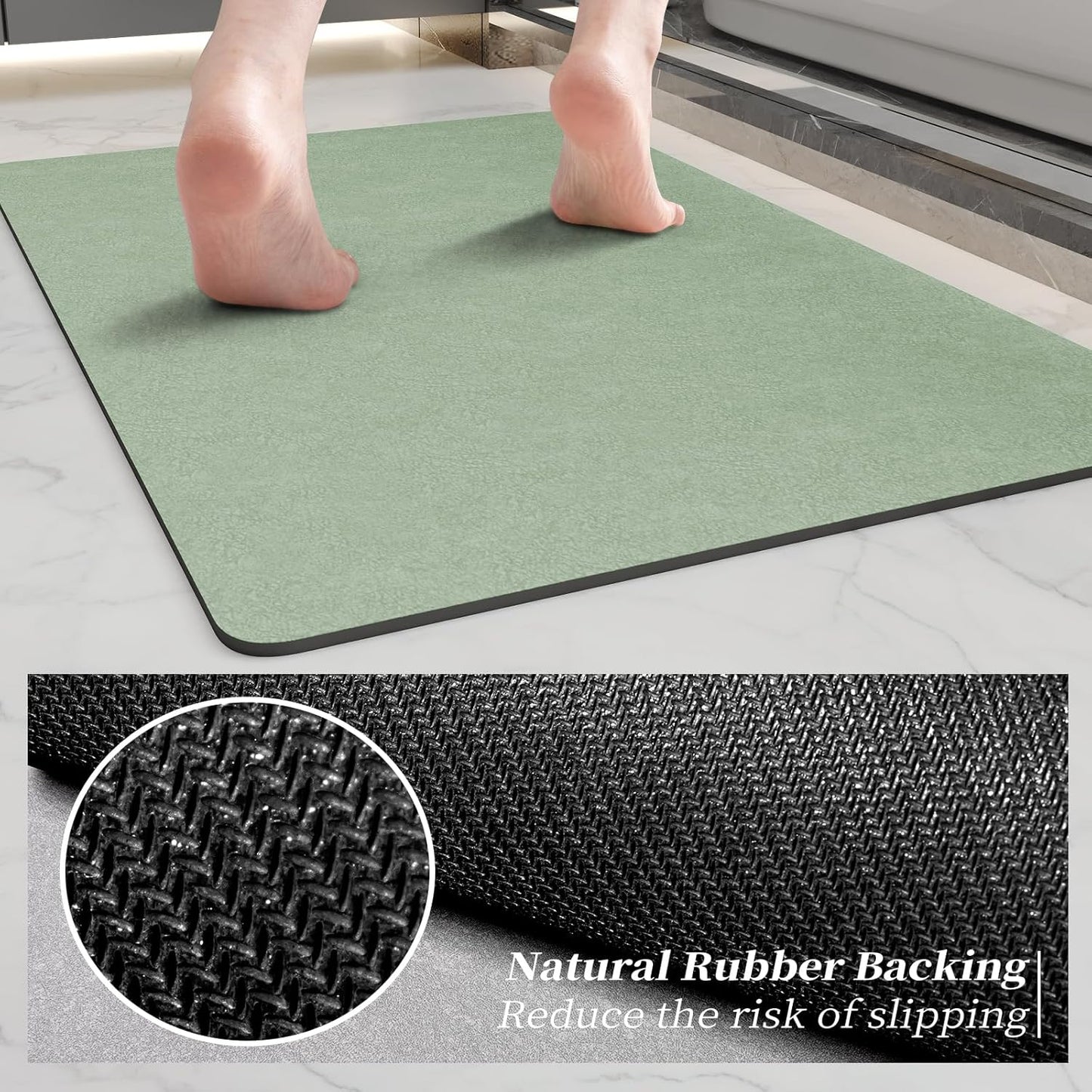 Bath Mat Rugs 24x17 - Diatomaceous Earth Bath Mat Quick Dry Absorbing Bathroom Rugs Rubber Non Slip Thin Bathroom Mat Fit Under Door, Bath Mat for Bathroom Floor, Tub and Shower, Sink, Sage Green