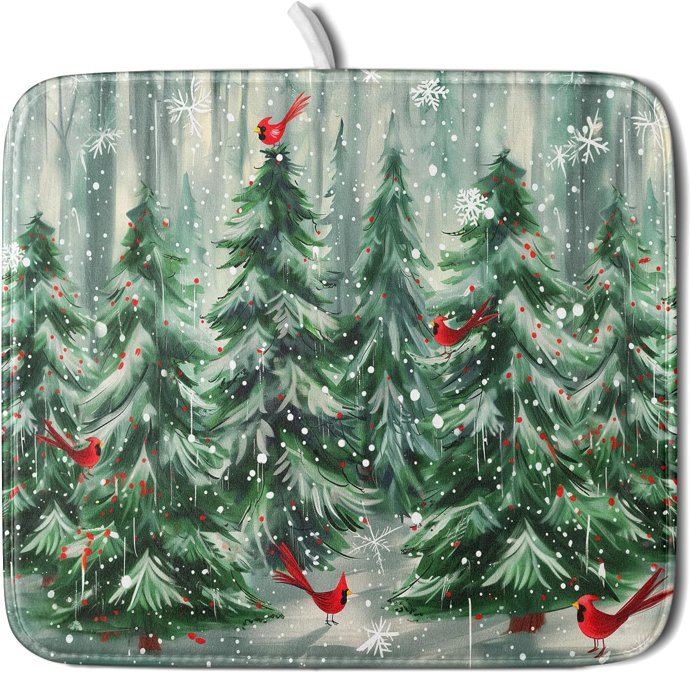 Winter Pine Tree Dish Drying Mat Red Bird Berry Dishes Drainer Mats Absorbent Microfiber Kitchen Counter Protector Drying Mats 16x18 Inch