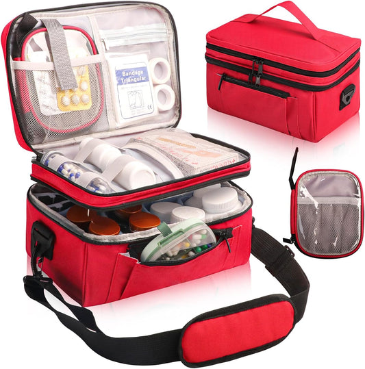 Medicine Bag for Traveling with Portable Small Pouch, Double Layer Pill Bottle Organizer Storage Case with Lockable Zippers, Carrying Medication Travel Case with Shoulder Strap (Bag ONLY), Red