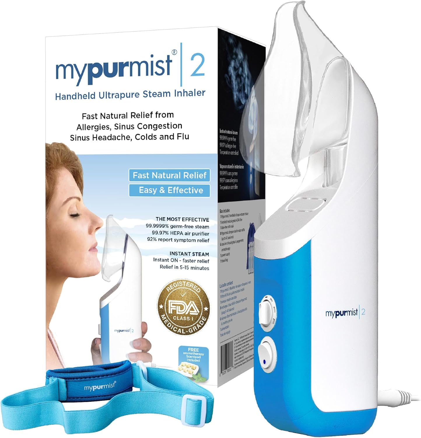 Mypurmist® Essential Kit Plus Handsfree Strap - Steam Inhaler, Personal Handheld Instant Ultrapure Steam - Sinus Congestion Cold Cough Relief Vocal Care Skincare (Plug-in)