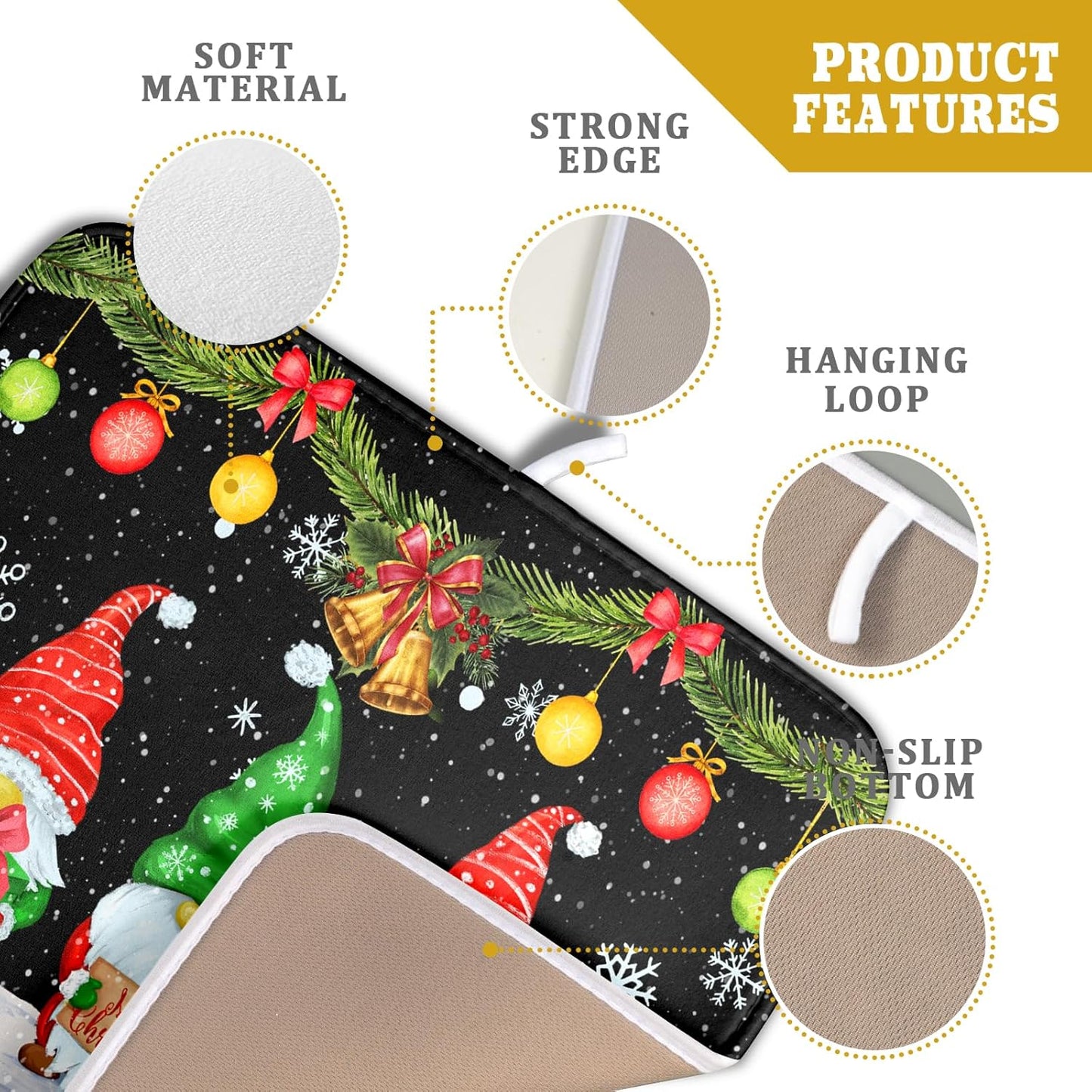 Merry Christmas Dish Drying Mat Black Gnomes Dish Drainer Mats 16x18 Inch Holiday Decorative Absorbent Dishes Pad for Kitchen Counter Sink