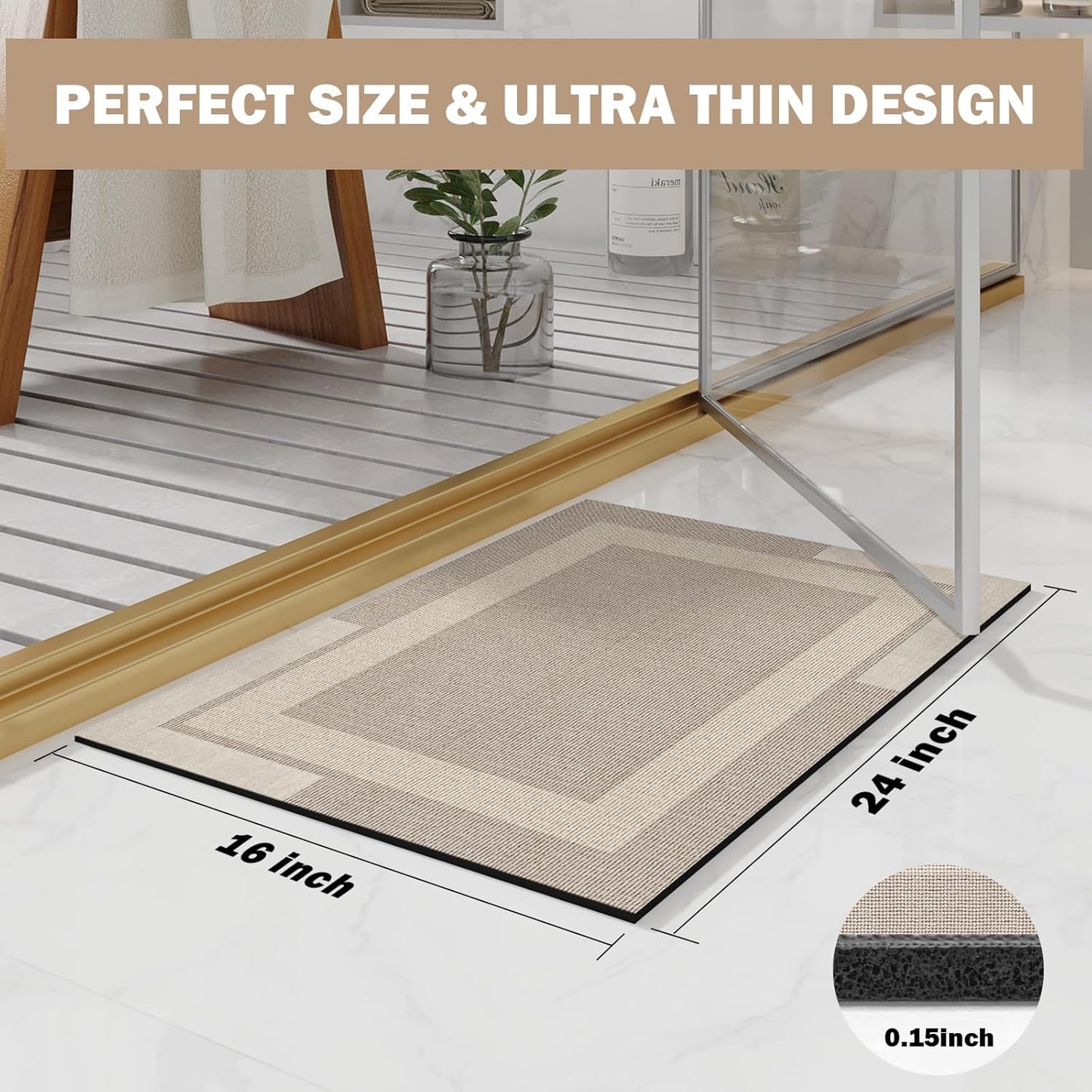 Non Slip Bath Mat, Rubber Backing Ultra Thin Bathroom Rugs Fit Under Door Quick Dry Super Absorbent Washable Bath Rug Shower Mat for Bathroom Floor Bathtub Shower Sink, Easy Care Beige 16"x 24"
