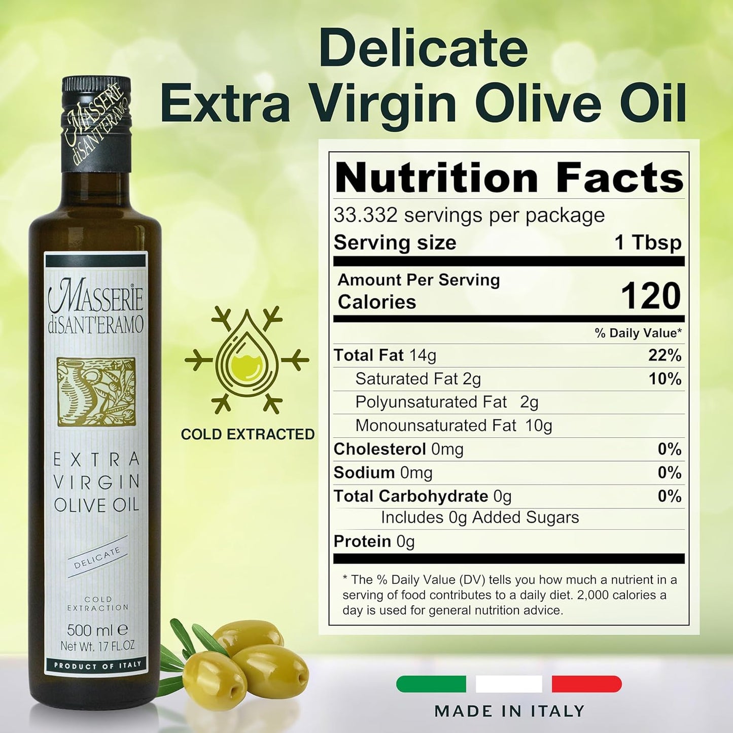 Delicate Italian Extra Virgin Olive Oil Cold Pressed - Light Olive Oil for Cooking and Frying, Imported from Italy - Masserie di Sant'Eramo - 16.9 Fl Oz (Pack 1)