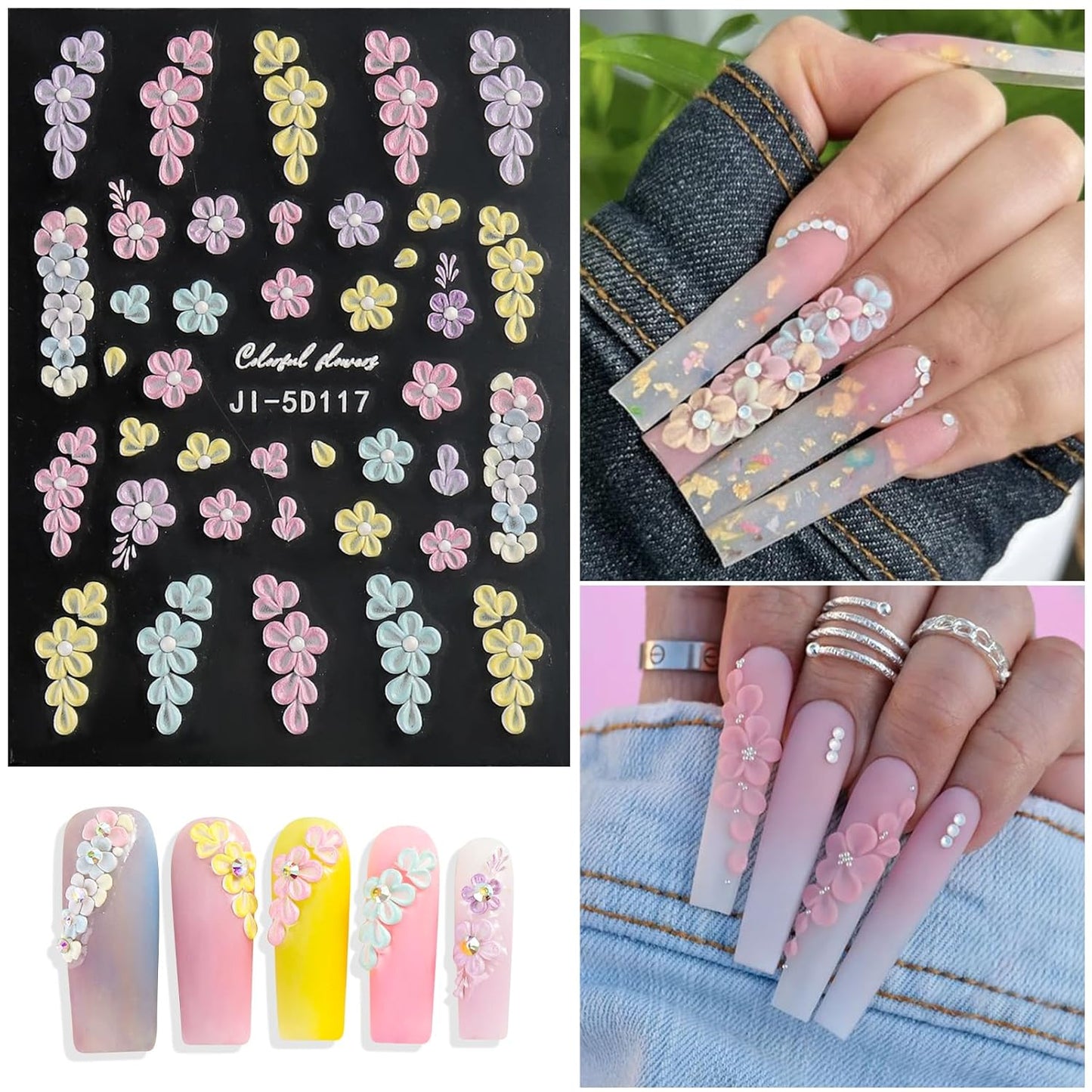 5 Sheets 5D Flower Nail Art Stickers Embossed Nail Decals Spring Summer Nails Art Design 3D Self-Adhesive Nails Supplies White Yellow Blue Colorful Flower Stickers for Women Nail Decoration