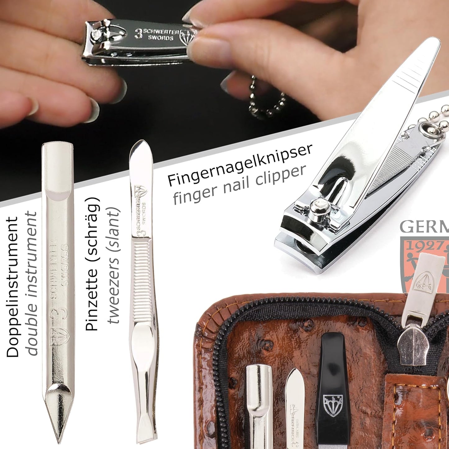 3 Swords Germany - brand quality 5 piece manicure pedicure grooming kit set with synthetic leather case ostrich cognac - Made in Germany