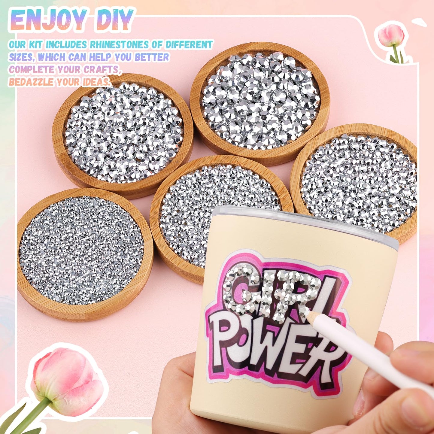 25000Pcs Resin Rhinestones with B7000 Jewelry Glue for Crafting, Silver 2-6mm Non Hotfix Flatback Gems, Bedazzling Crystal for DIY Crafts Clothing Tumblers Mugs Shoes Fabric Decor Nail Art