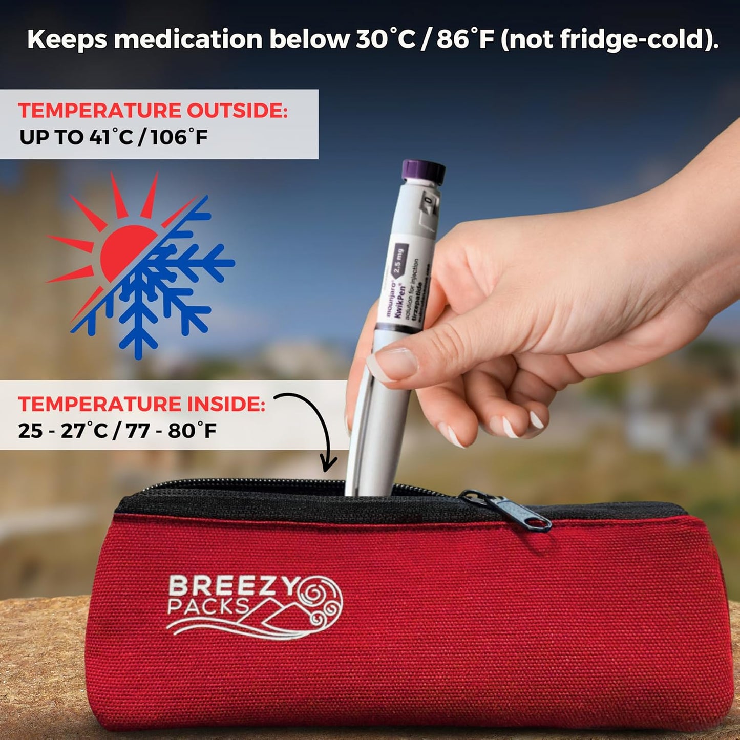 Insulin Pens Cooler Travel Case 24/7 Protection | EpiPen Carry Medical Bag | TSA-Approved Diabetic Case Without Icepacks | Keep medicine at room temp. | Breezy Basic (Red)