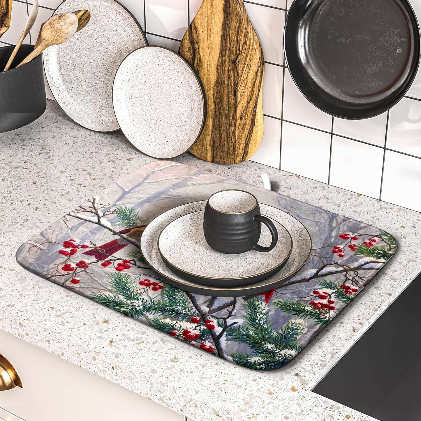 Red Bird Dish Drying Mat Merry Christmas Dishes Pad Absorbent Fast Dry Dish Drainer Mat Protector for Kitchen Counter 16 x 18 Inches