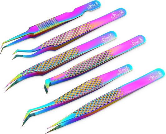 SIVOTE Eyelash Extension Tweezers Fiber Tips Japanese Steel, Set of 6 – Curved, Dolphin, 90° 45° Volume Boot & Slight Curved Tweezer – Professional Lash Tweezers for Lash Extensions Rainbow