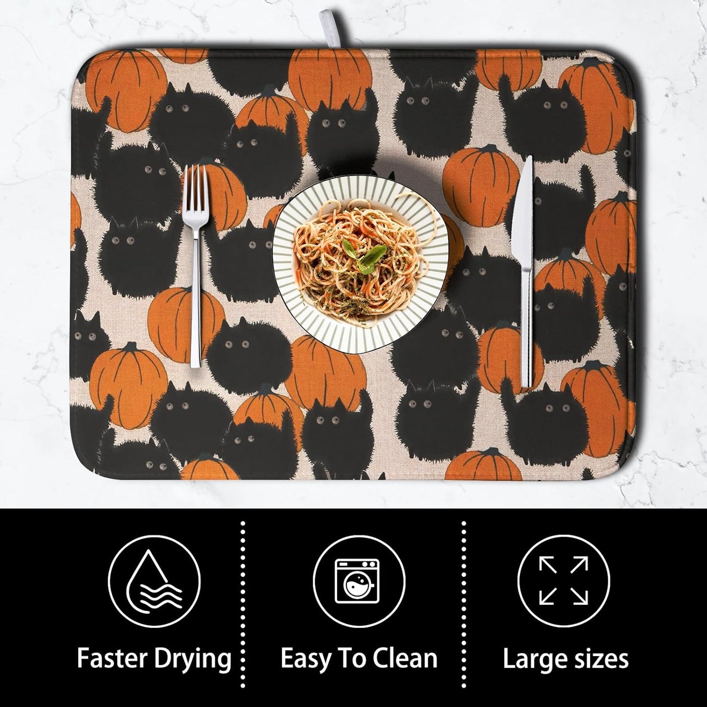 Happy Halloween Dish Drying Mat for Kitchen Counter 16x18 Inch Cute Pumpkin Black Cat Trick or Treat Drying Mats Large Microfiber Absorbent Dish Rack Pad for Coffee Bar Sinks Home Accessories