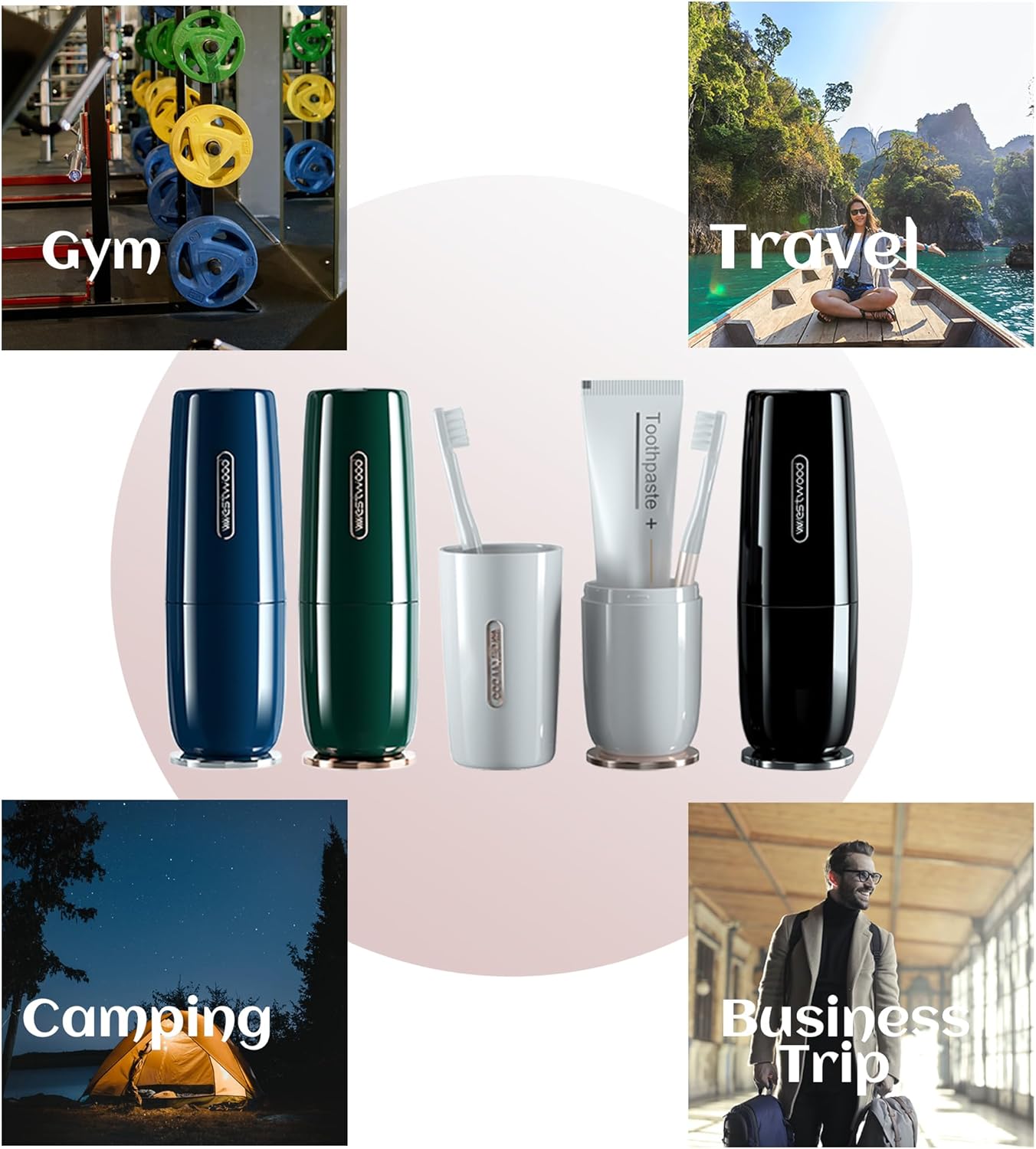 Luxury Blue Plastic Travel Toothbrush Holder Case with Cover, Portable Travel Toothbrush Cup, Storage Container for School Camping Business Trip Bathroom