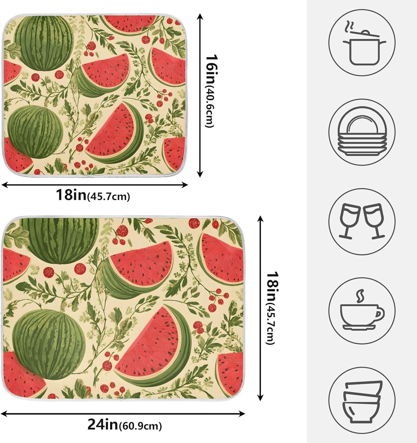 Watermelon Flower Dish Drying Mats for Kitchen Counter, 18x24 inch Drying Dishes Absorbent Microfiber Dish Drainer Mat Rack Pad Fast Dry