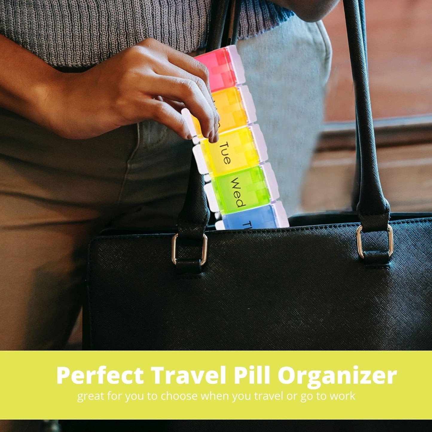PERFORMORE Portable Weekly 7-Day Pill Organizer, Travel Medicine Box, Rainbow Color, BPA Free with Easy Push Button Design Case Holder for Pills, Vitamin, Supplements and Medicine