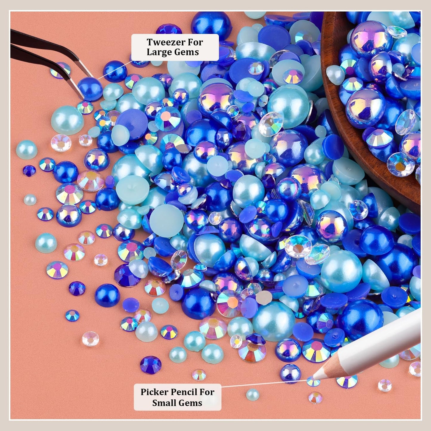80g Flatback Pearls and Rhinestones for Crafting, Dark Blue 3-10mm Resin Rhinestones and Half Pearls for Bedazzling, Nail Art and Dec with 3pcs 10ml B7000 Jewelry Glue, Tweezer and Pickup Pencil