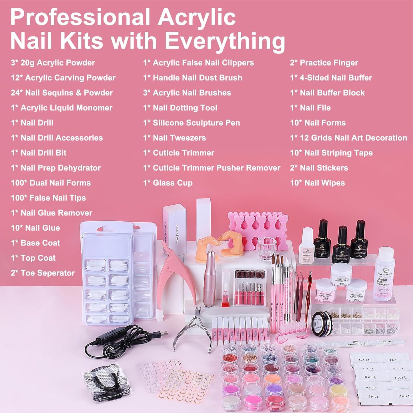 Acrylic Nail Kit with Everything: Beginners Set with Drill - Professional Acrylic Powder Glitter Monomer False Tips Top Base Coat Starter Kit - Full Decorations Nail Supplies for Nail Extensions Gift