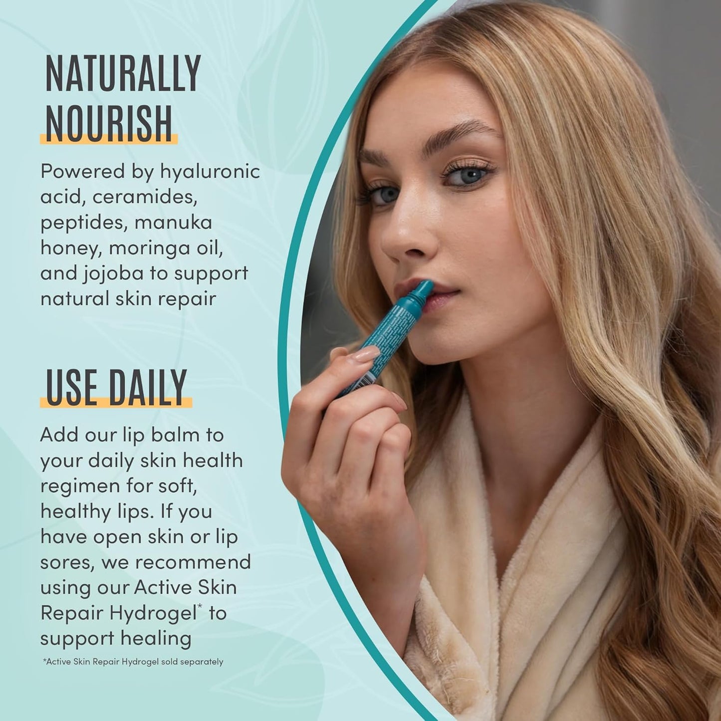 Active Skin Repair Hydrating Lip Balm for Dry Lips, EWG Certified Long-Lasting Moisturizing Lip Balm with Hyaluronic Acid, Peptides, and Ceramides, 10 ml.