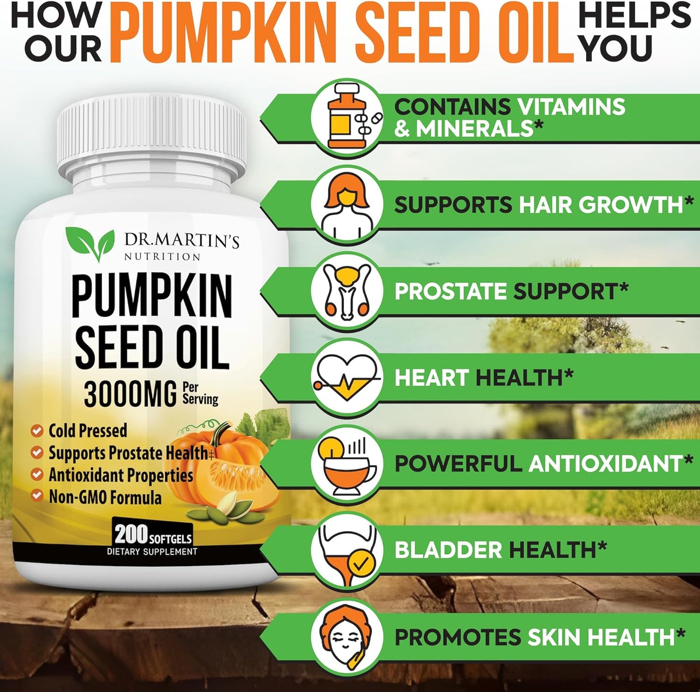 3000mg Cold Pressed Pumpkin Seed Oil | DHT Blocker | Promotes Hair Growth | Supports Heart, Skin, Prostate & Urinary Health | Contains Vitamins, Minerals & Omega 3, 6 & 9 For Anti-Aging | 200 Softgels