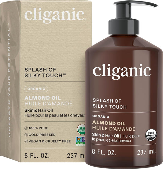 Cliganic Organic Sweet Almond Oil, 100% Pure (8oz) - for Skin & Hair, Nourishing Carrier Oil for Face & Body (Packaging May Vary)