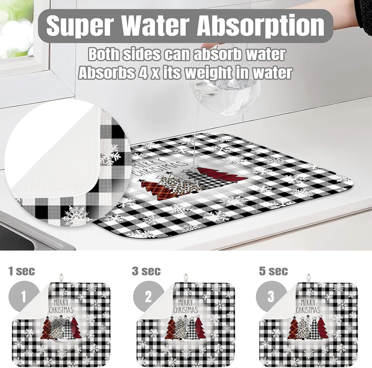 Dish Drying Mat for Kitchen Counter Large 16" x 18" Buffalo Plaid Christmas Tree Absorbent Microfiber Dishes Drainer Rack Mats Pad Reusable Washable