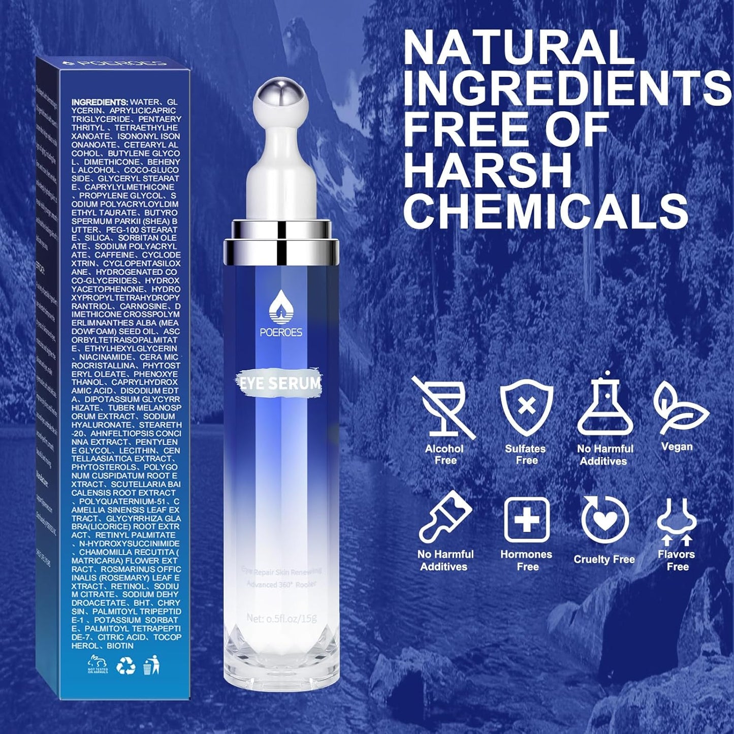 Eye Serum with 8% Caffeine 8% Retinol Hyaluronic Acid Niacinamide peptides for Puffy Eye Bags Fine Lines Dark Circles Wrinkles, Under Eye Cream with 360° Eye Roller Massage Ball, 0.5 fl. oz