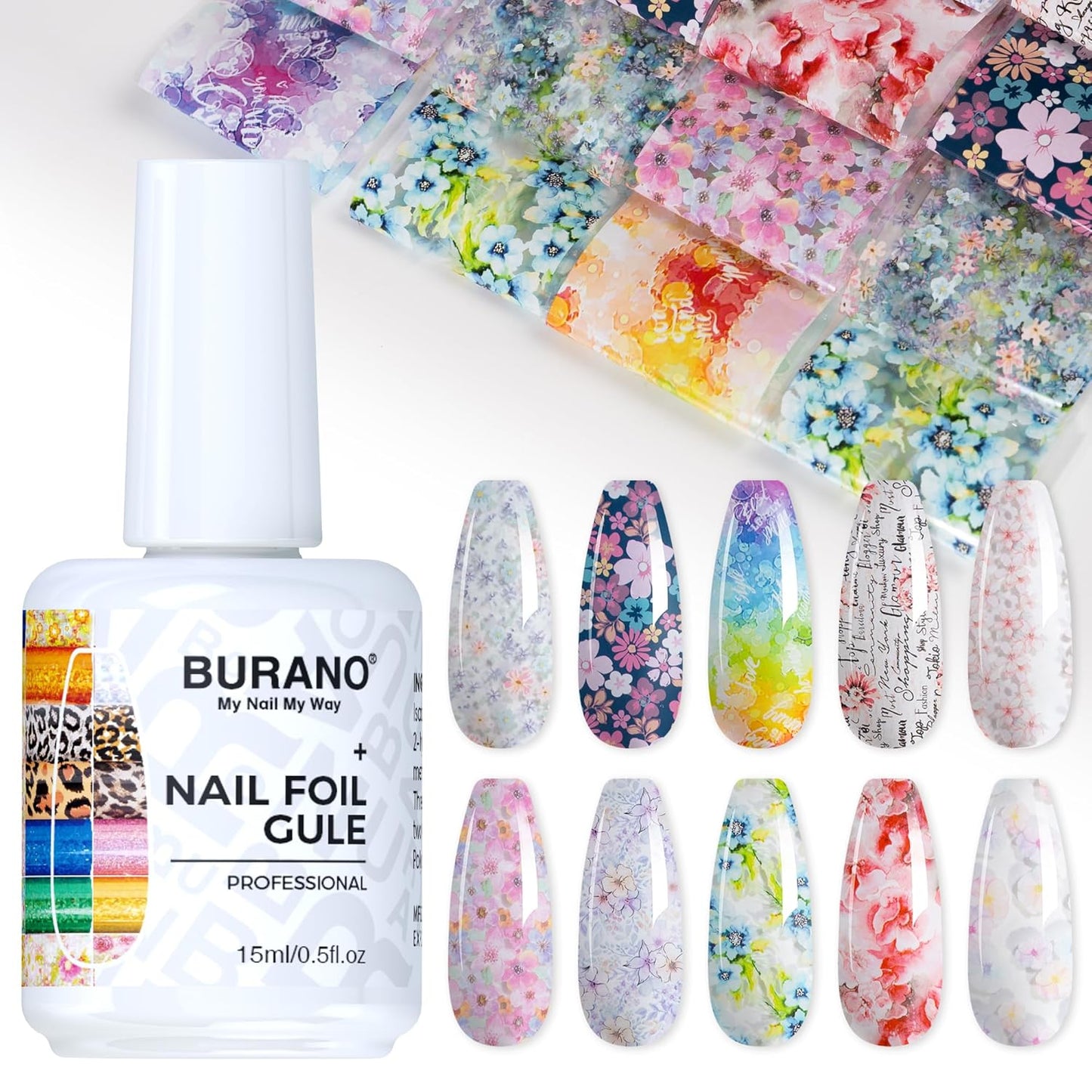 BURANO Nail Art Nail Foil Glue Gel, o.5 oz with 10PCS Foil Stickers Set Nail Foil Glue for Nails Foil Transfer Gel, Nail Design DIY UV LED Lamp Required (Flower Foil 11)