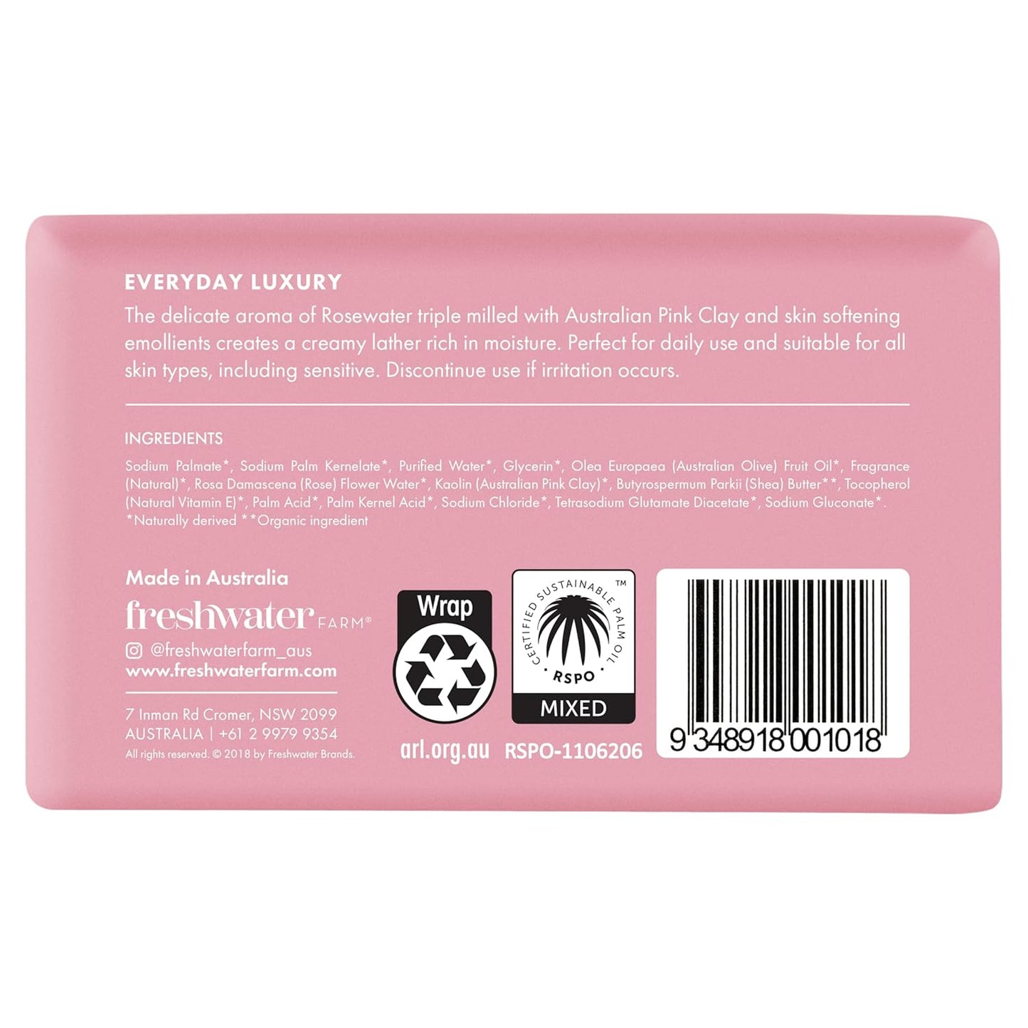 Castile Natural Bar Soap | Rosewater + Pink Clay | Australian Made + Family Owned | Triple-Milled with Australian Pink Clay | Recyclable Paper Wrap | 200g x 8pk