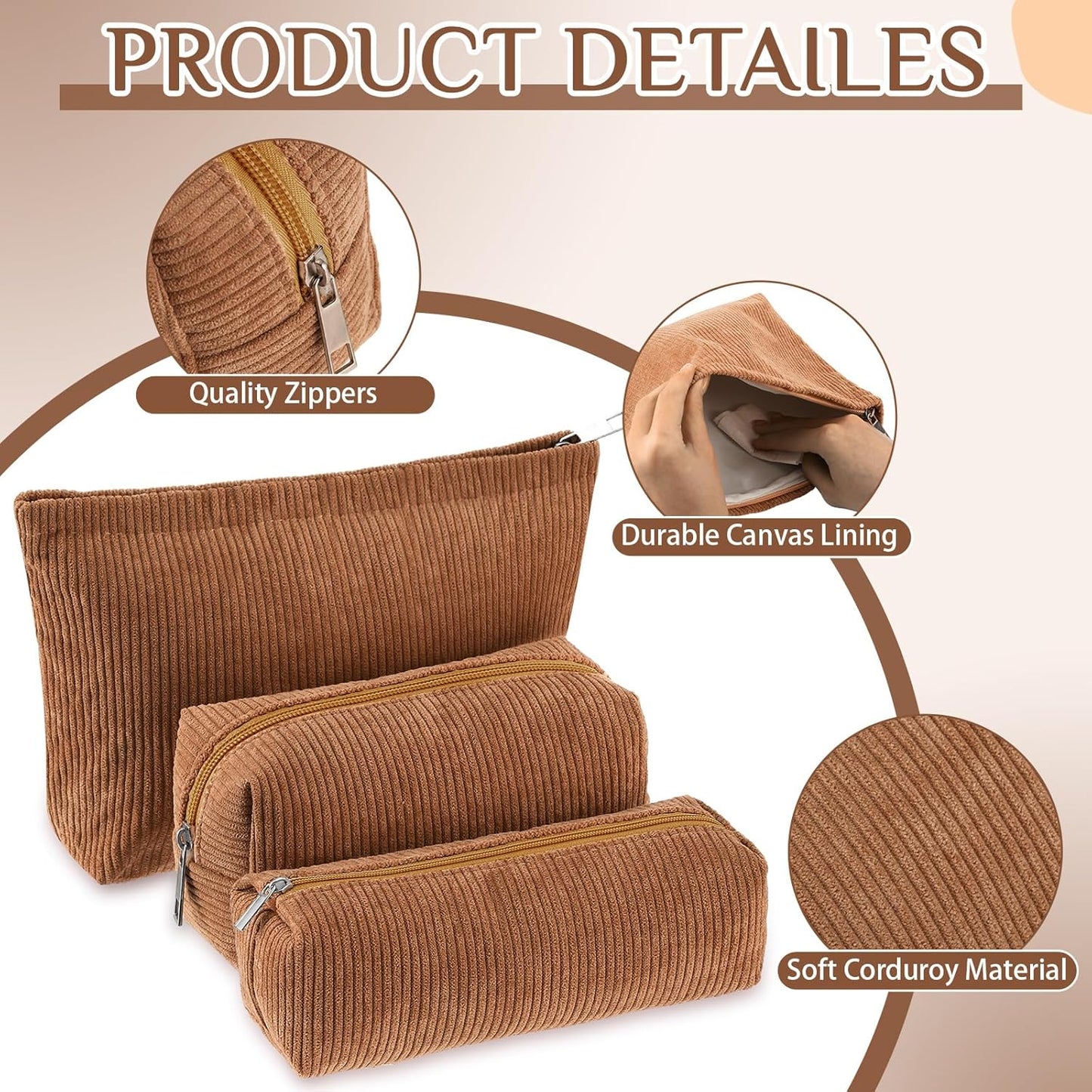 3 Pcs Makeup Bag Set for Women Corduroy Cosmetic Pouch Aesthetic Smile Travel Toiletry Bag Cute Purse Pouch Pencil Case Makeup Brushes Storage Organizer for Christmas(Brown,Solid Style)