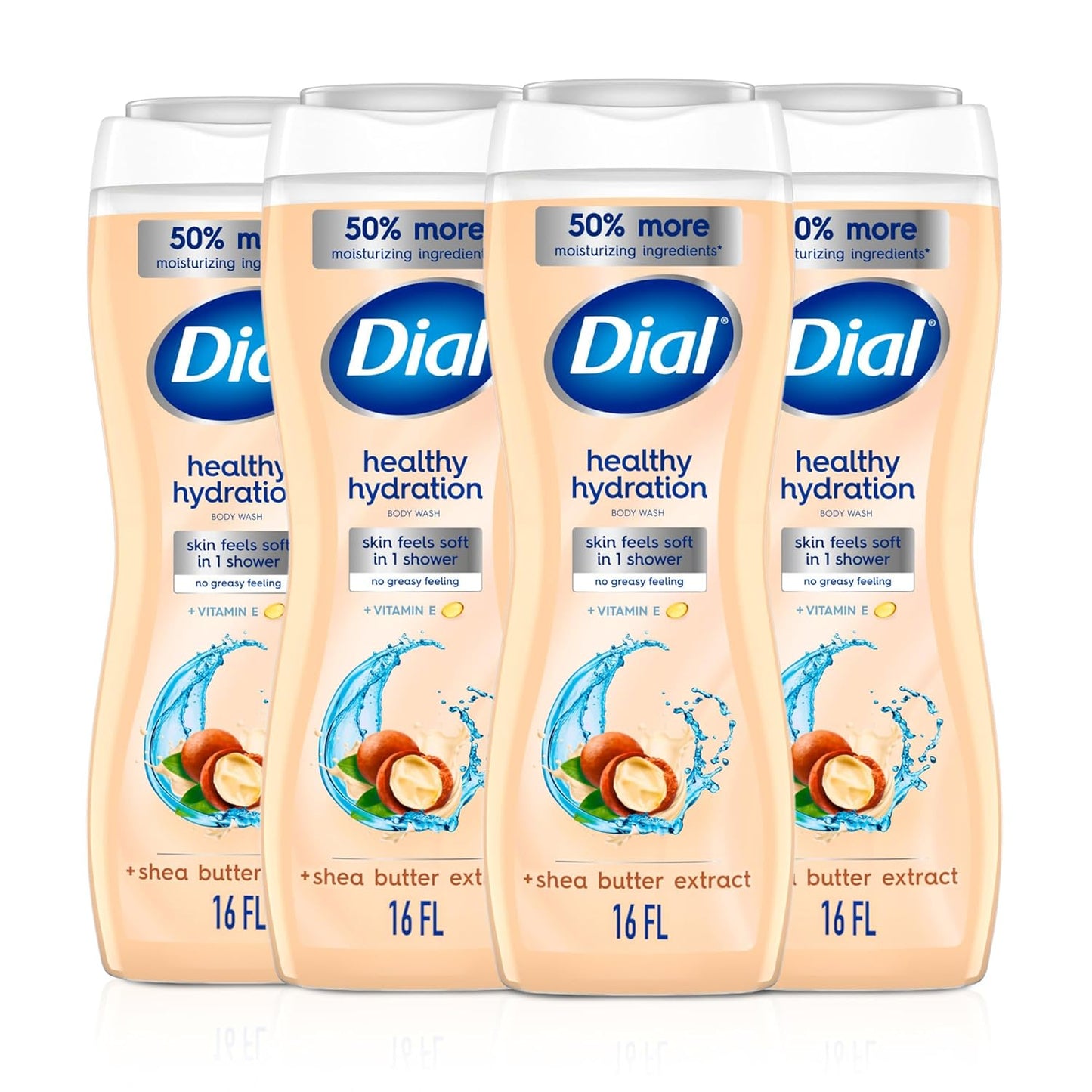 Dial Body Wash, Healthy Hydration, Shea Butter Extract + Vitamin E, 16 fl oz (Pack of 4), Gentle, Leaves Skin Feeling Soft In 1 Shower, Dermatologist-Tested, No Parabens & Silicones