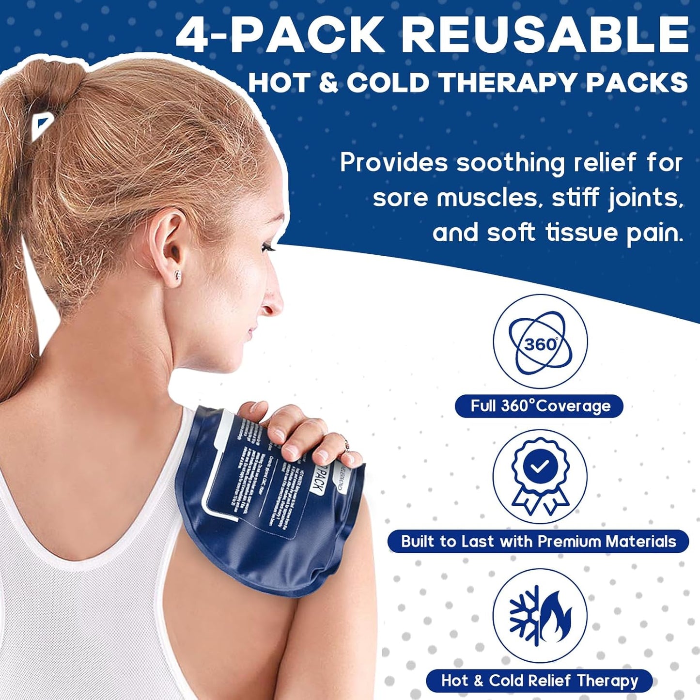 Gel Ice Packs for Injuries Reusable, 4 Ice Packs with 2 Adjustable Straps for Knee, Shoulder, Back, Hot and Cold Pack Therapy for Joint Pain, Muscle Soreness, and Body Inflammation