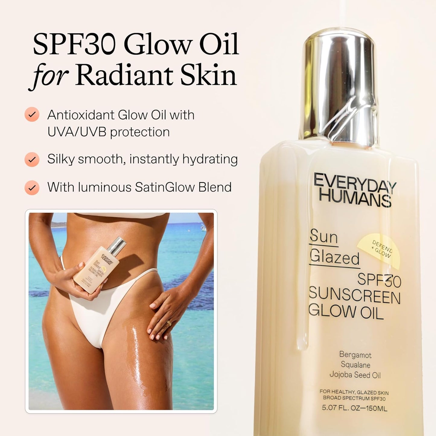 Everyday Humans Sun Glazed SPF30 Sheer Body Glow Oil with Gold Mica | Hydrating Non-Sticky Glowing UV Protection Cruelty Free 5.1 Fl Oz | Bergamot, Squalane, Jojoba Seed Oil | UVA/UVB Broad Spectrum