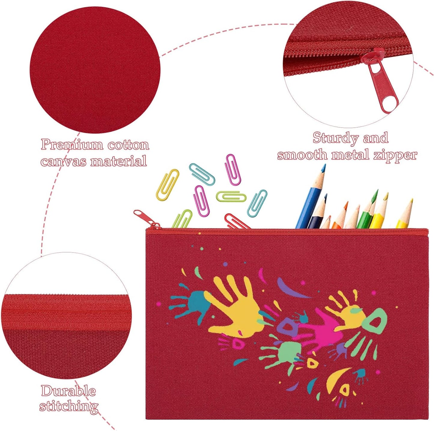 12 Pieces Cotton Canvas Makeup Bag, Multipurpose Cosmetic Bag with Zipper Travel Toiletry Pouch, Blank DIY Craft Bag (Red, L)