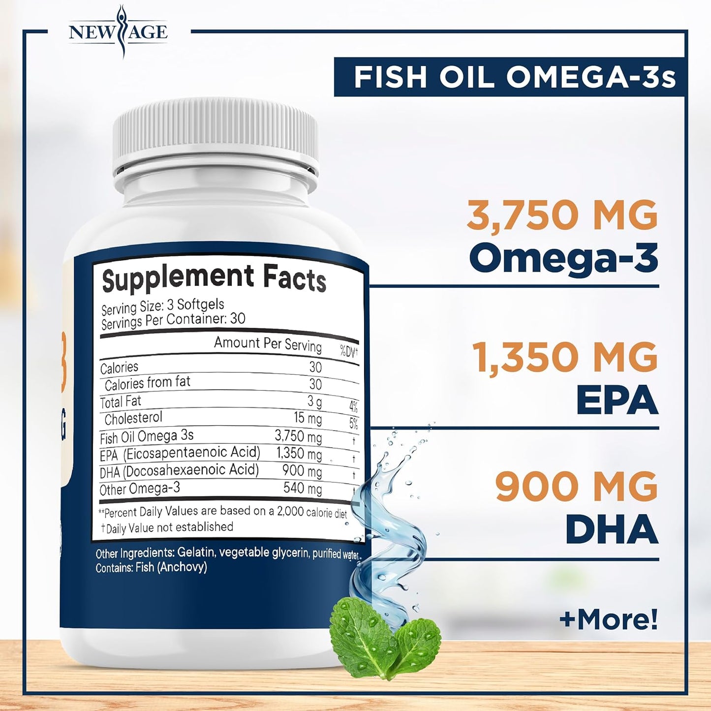 Triple Strength Omega 3 Fish Oil 3750 mg - EPA & DHA - Over 3000mg Omega-3 Fatty Acids - 1350mg EPA + 900mg DHA - Best Essential Fatty Acids, Burpless Fish Oil - 90 Count