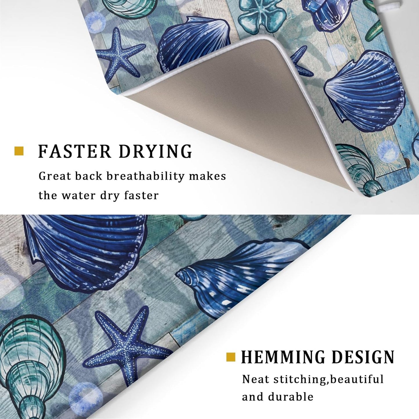 Starfish Seashell Dish Drying Mat 18x24 inch Coastal Beach Dish Drainer Rack Pad Absorbent Microfiber Fast Dry Kitchen Counter Accessories