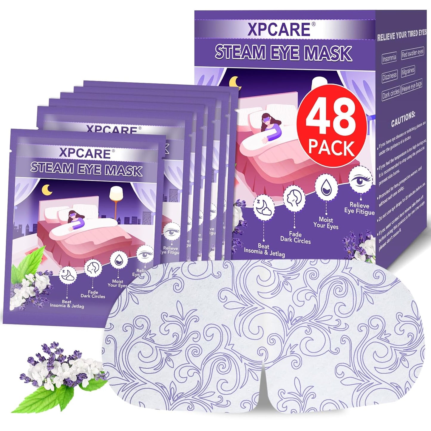 XPCARE 48 Pack Steam Eye Masks for Dry Eyes, Self Heated Steam Warm Eye Mask, Disposable Heated Eye Mask for Dark Circles, Puffy Eyes, Relief Stress Eye Fatigue（Lavender）
