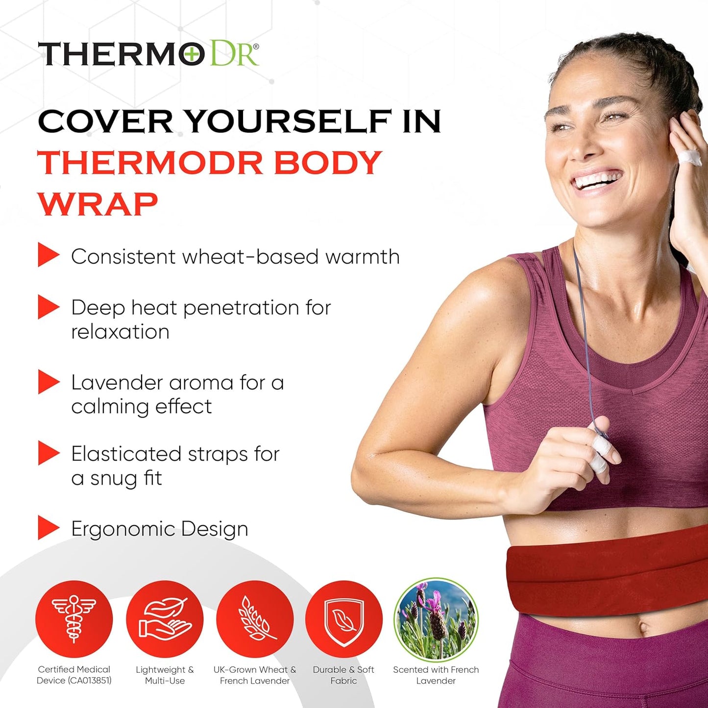 Microwavable Heating Pad for Neck, Back, & Shoulders - Heating Bean Bag Microwavable Pillow w/Elasticated Strap - Wheat & Lavender Aromatherapy Heating Pad Wrap - ThermoDR, Red