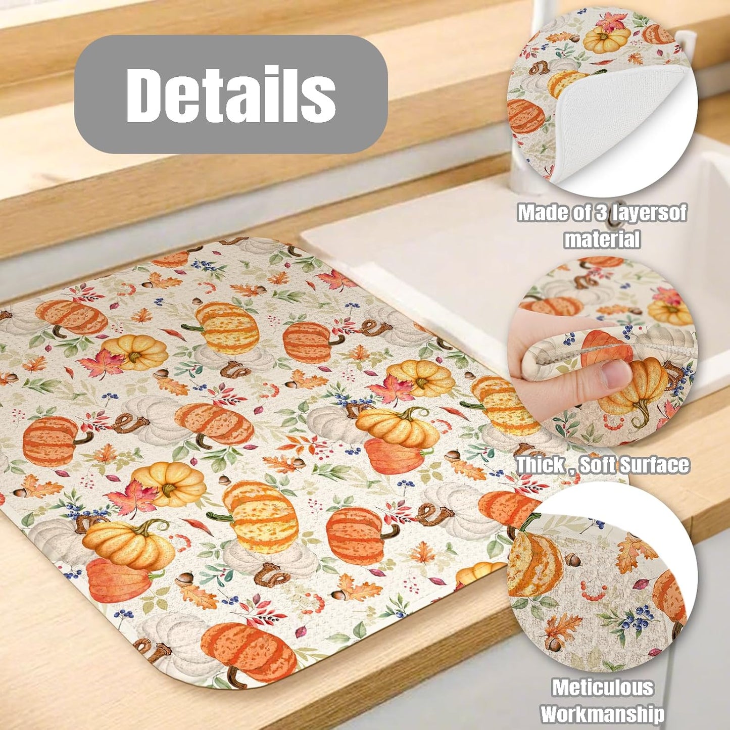 Dish Drying Mat for Kitchen Counter Large 16" x 18" Fall Pumpkin Absorbent Microfiber Dishes Drainer Rack Mats Pad Reusable Washable