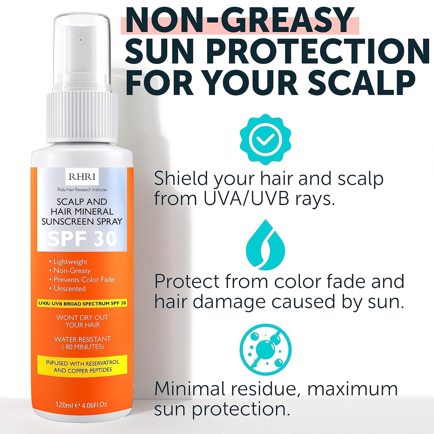 Premium SPF 30 Hair Sunscreen Spray | Non-Greasy UV Protection for Hair and Scalp | Prevents Color Fade and Dryness | Travel-Size UV Protection | Beach SunBlock | Scalp Sunscreen 4 oz 120 ml
