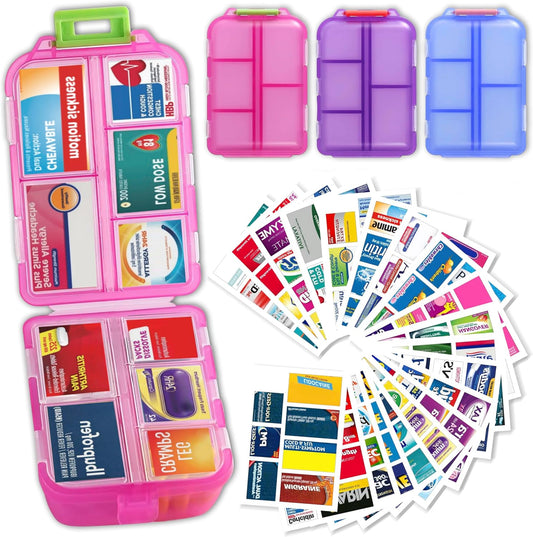 Large Pill Organizer with Medicine Labels, Travel Daily Pill Container, Mini Medication Organizer, 7-Day Pill Case, Set of 3 (Blue+Pink+Purple)